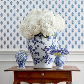 T36400 Corwin Indienne Navy on White Wallpaper by Thibaut