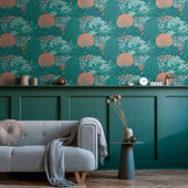 FL61132 Fairytale Leaves Motif Flourish Green and Orange Wallpaper By Galerie FL61132 Fairytale Leaves Motif Flourish Green and Orange Wallpaper By Galerie