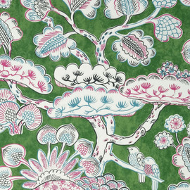 AT9866 Tree House Nara Pink and Green Wallpaper by Thibaut