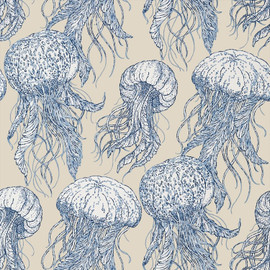 T13168 Jelly Fish Summer House Blue and Beige Wallpaper by Thibaut T13168 Jelly Fish Summer House Blue and Beige Wallpaper by Thibaut