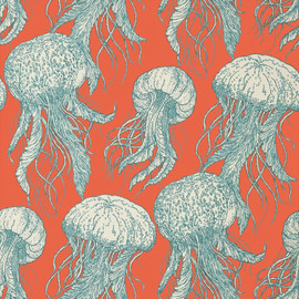 T13172 Jelly Fish Summer House Coral and Turquoise Wallpaper by Thibaut
