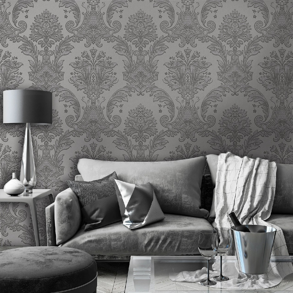 7372 Amara Gunmetal Damask Wallpaper By Belgravia