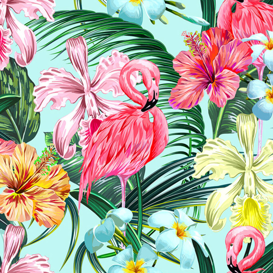 Coral and Pink Flamingo with Tropical Leafy Wallpaper Mural • Wallmur®