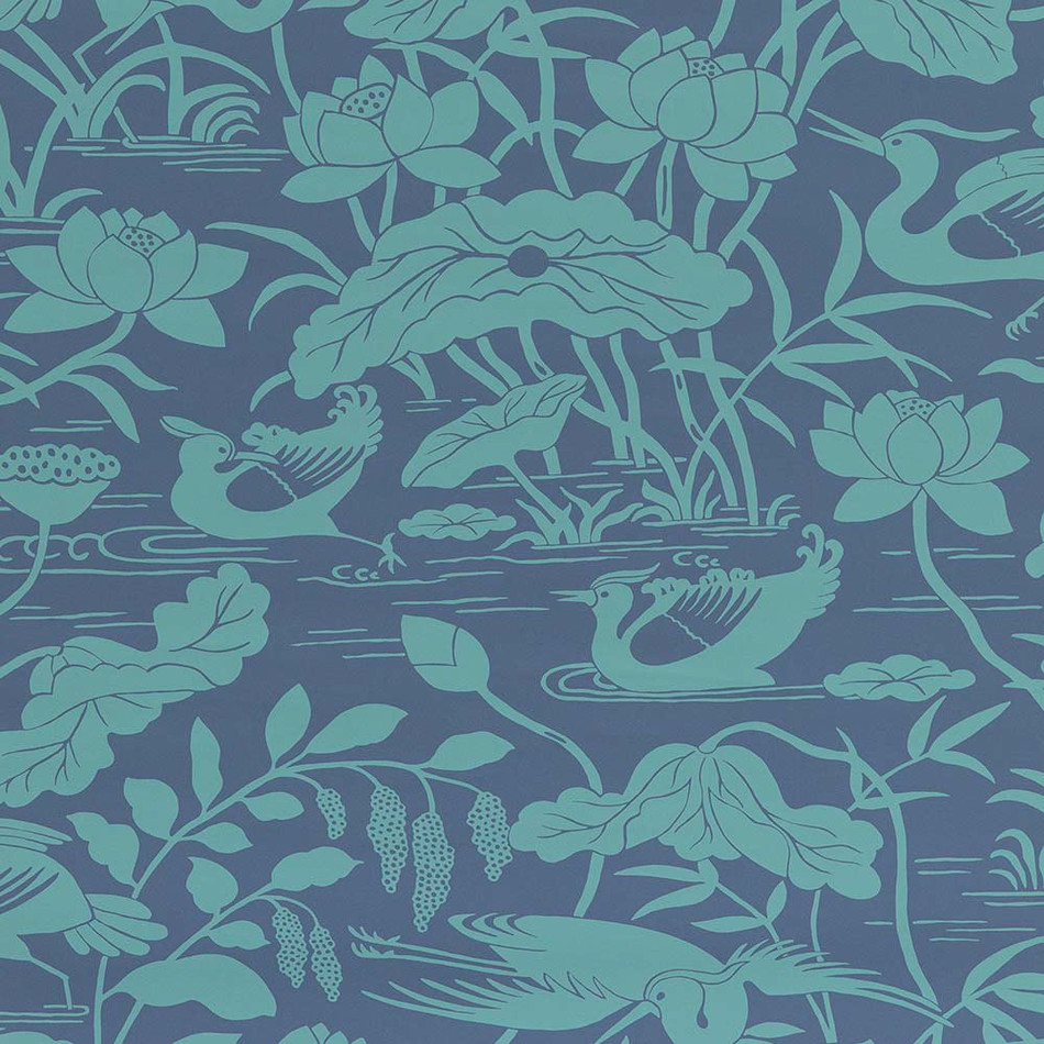 BW45089-4 Heron & Lotus Flower Teal-Blue Signature II Wallpaper by GP & J Baker