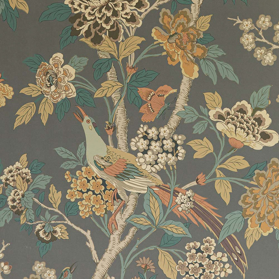 BW45091-2 Hydrangea Bird Charcoal-Sienna Signature II Wallpaper by GP & J Baker