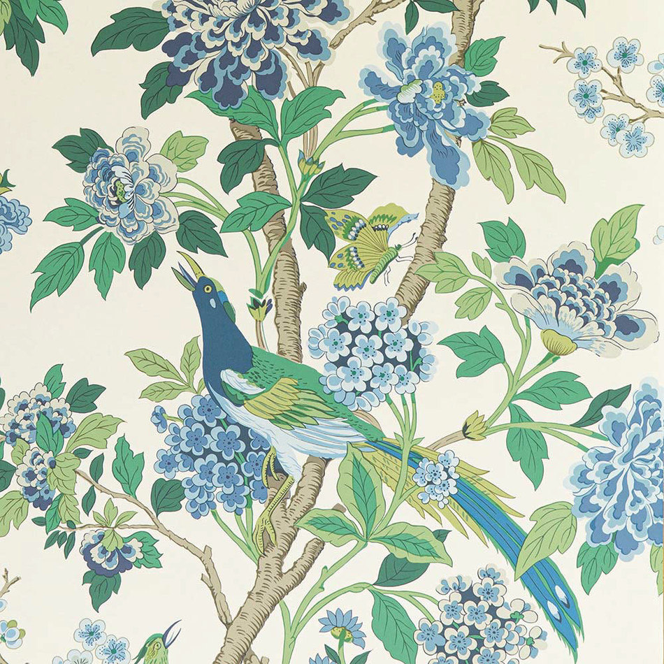 BW45091-1 Hydrangea Bird Emerald-Blue Signature II Wallpaper by GP & J Baker