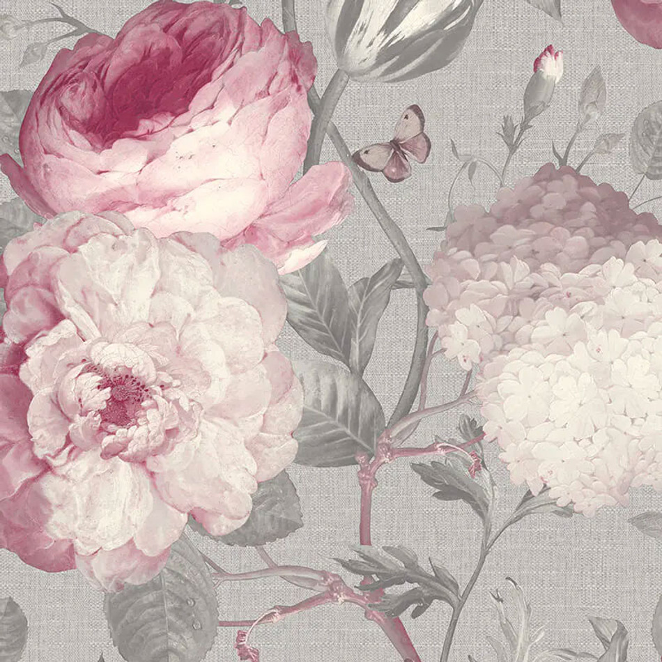 Glamour Wallpaper Floral Flower Rose Pink Grey Lilac Blush Silver