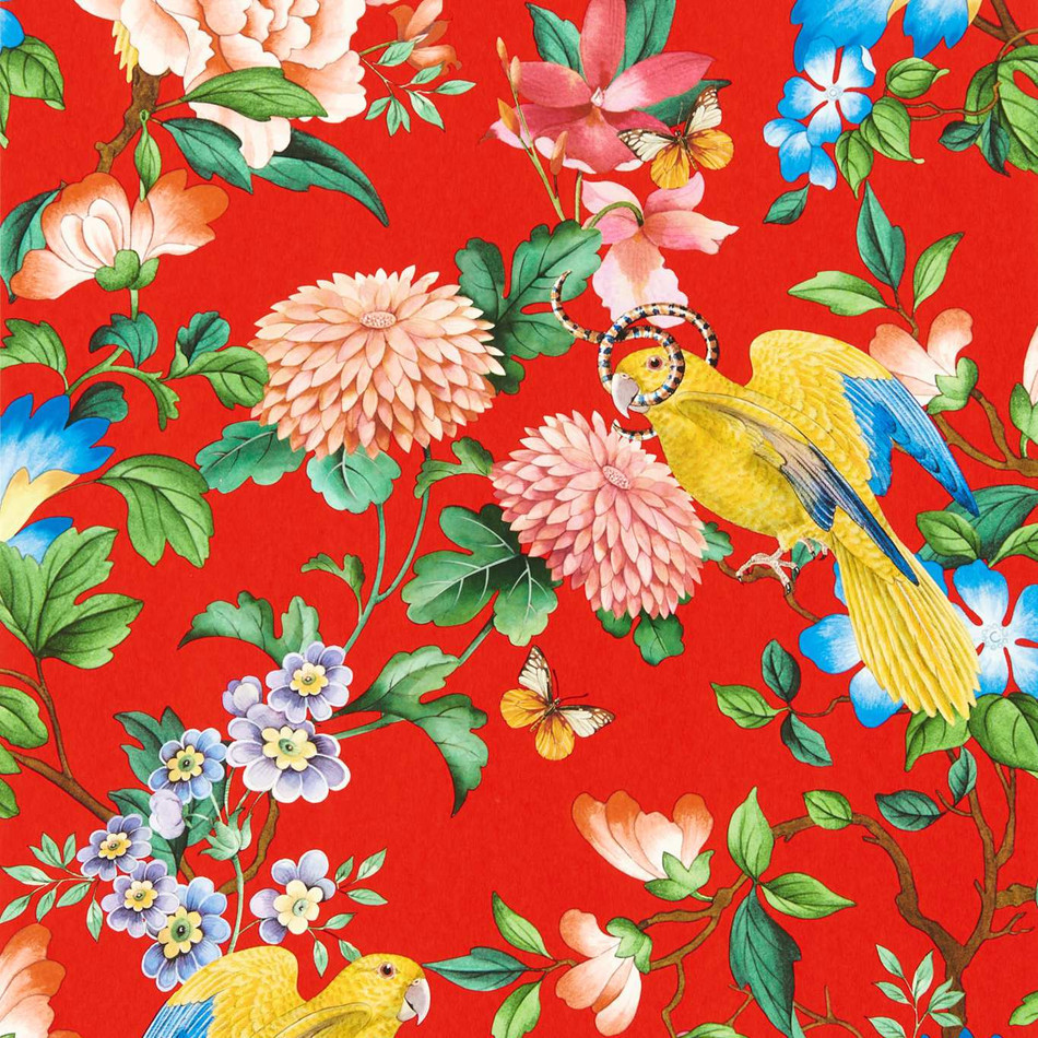 W0130/01 Coral Golden Parrot Botanical Wonders Wedgwood Wallpaper by Clarke & Clarke