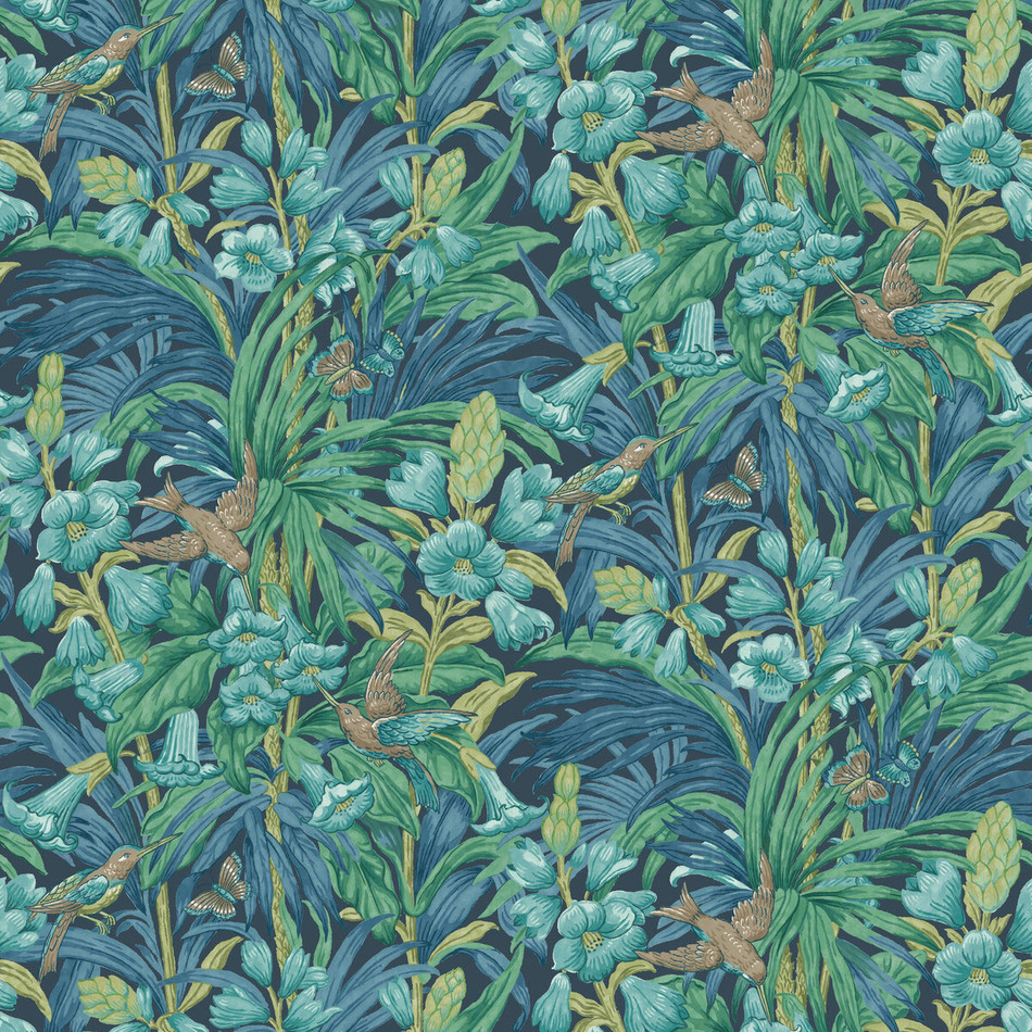 BW45103/5 Trumpet Flowers Original Brantwood Indigo and Teal Wallpaper By GP & J Baker