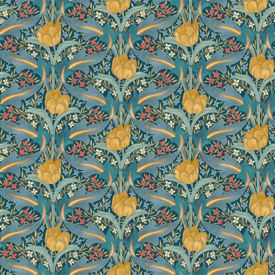 BW45104/2 Tulip & Jasmine Original Brantwood Teal Wallpaper By GP & J Baker