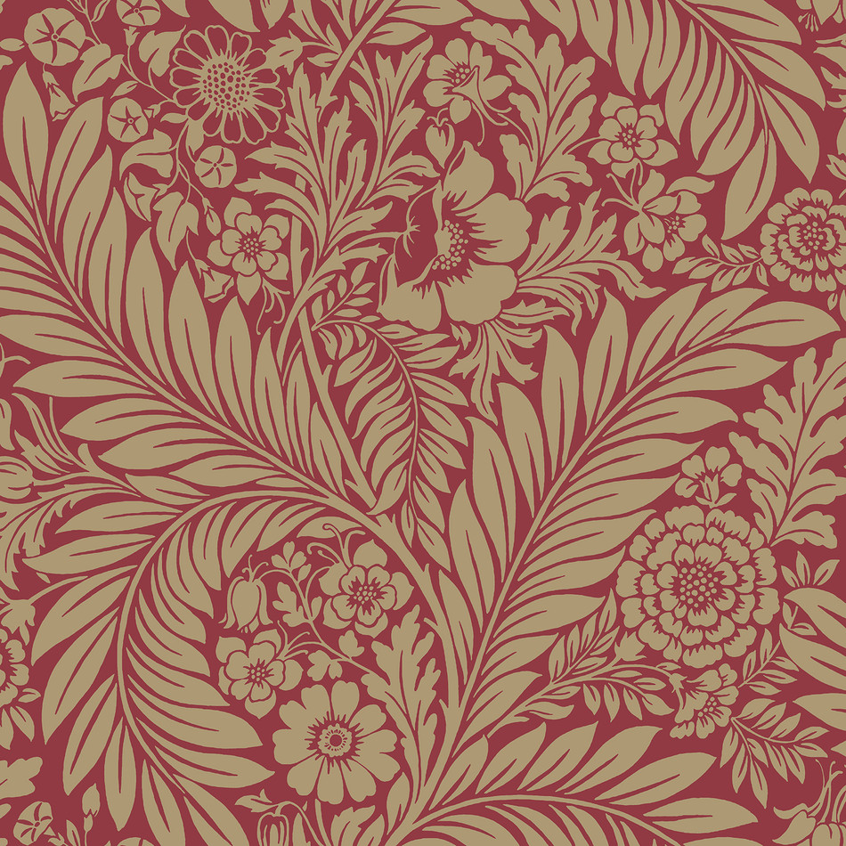 725 Florence Floral Leaf Red and Gold Metallic Wallpaper by Belgravia