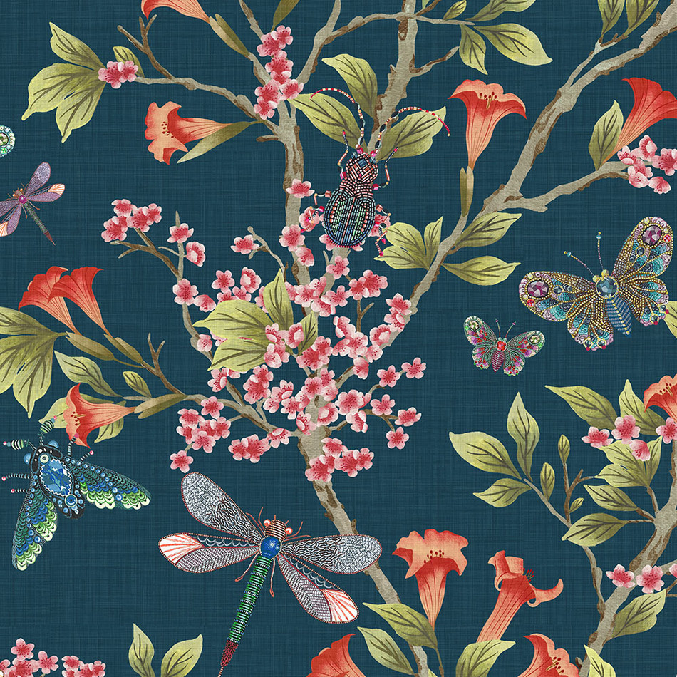 BMHD002/04B Jewel A Flutter Heart Deco Indigo & Red Wallpaper by Brand McKenzie