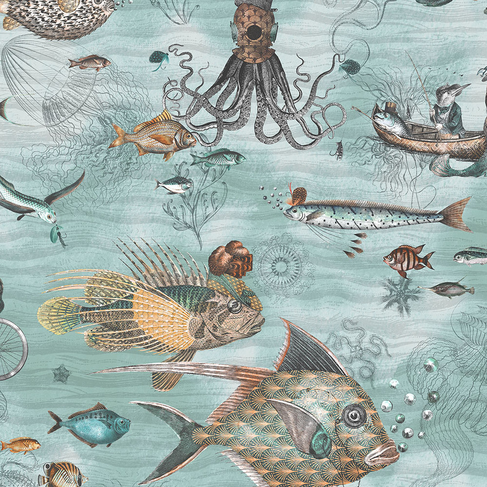 BMHD002/07A Sea Life Heart Deco Aqua & Orange Wallpaper by Brand McKenzie