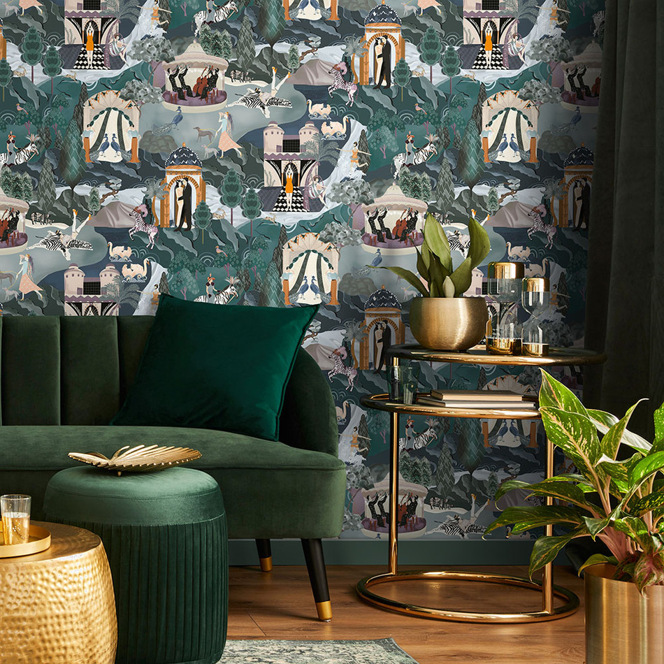 BMHD002/10B The Art Deco Hills Heart Deco Teal & Copper Wallpaper by Brand McKenzie BMHD002/10B The Art Deco Hills Heart Deco Teal & Copper Wallpaper by Brand McKenzie