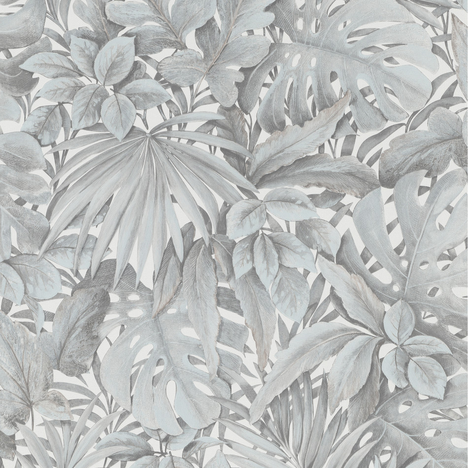 33306 Jungle Leaves Eden White and Blue Wallpaper By Galerie