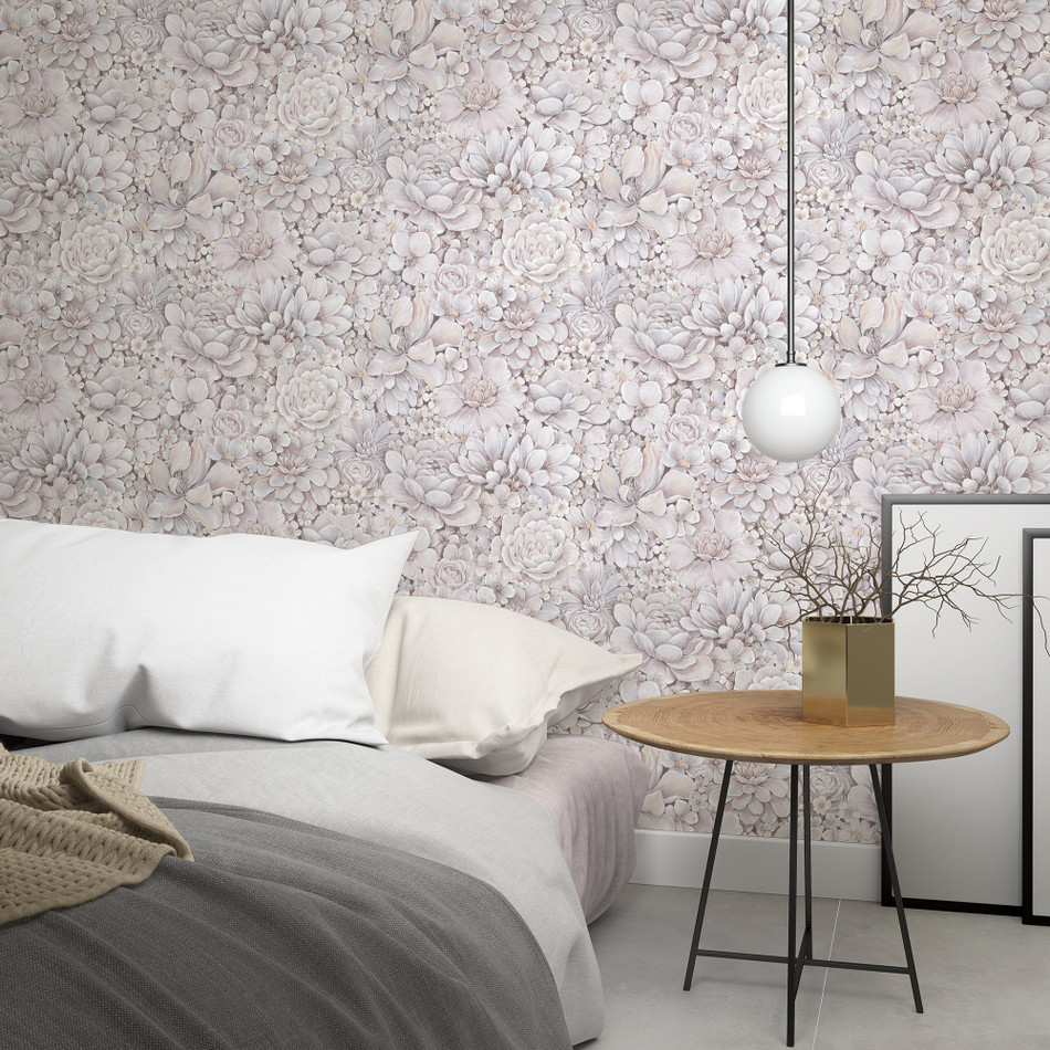 33954 Floral Texture Eden Pink and Grey Wallpaper By Galerie