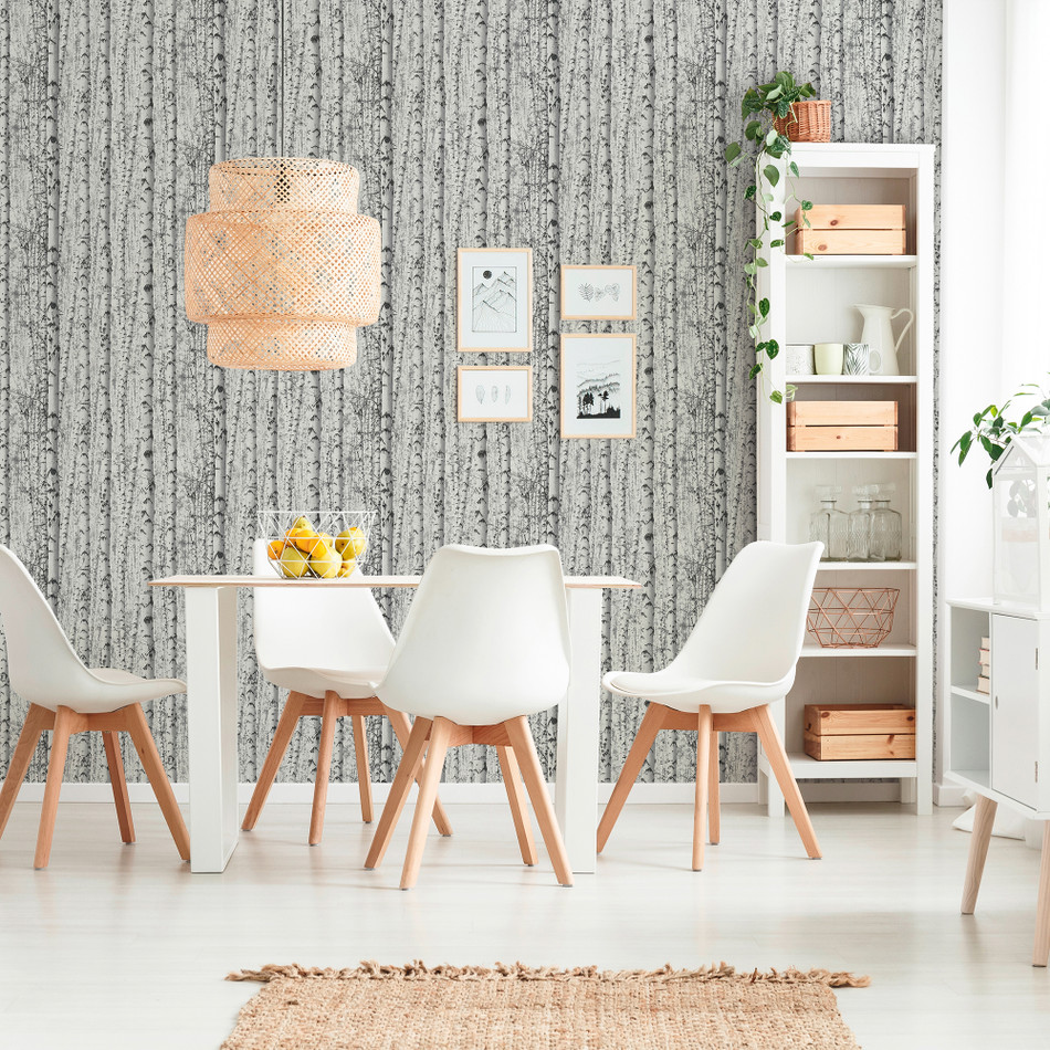 BW51006 Birch Tree Motif Blooming Wild Grey and White Wallpaper By Galerie