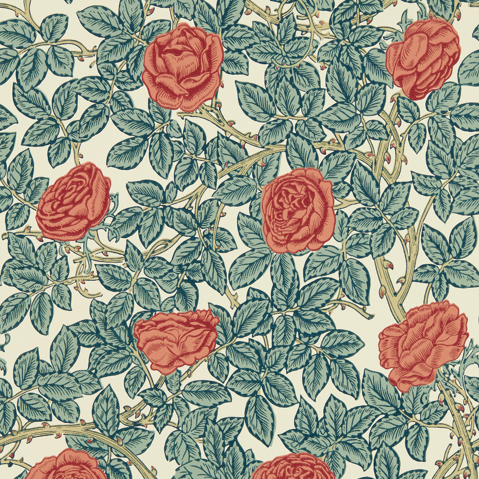 217206 Rambling Rose Emery Walker's House Emery Blue and Madder Wallpaper by Morris & Co