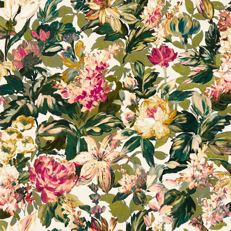W0158/03 Lilum Marianne Olive and Raspberry Wallpaper by Clarke & Clarke