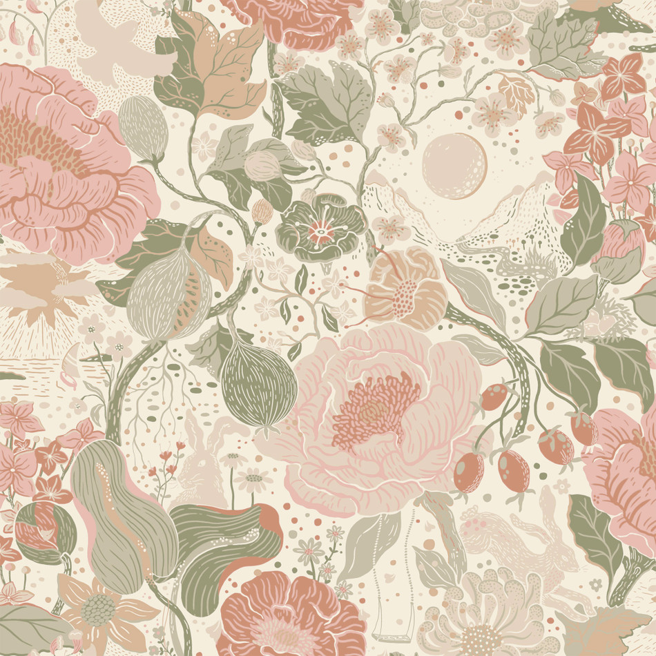 S63012 Vaxa Sommarang 2 Green and Pink Wallpaper By Galerie