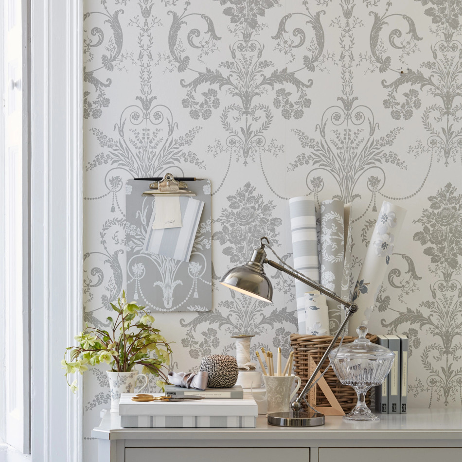 113385 Josette Dove Grey / White Wallpaper by Laura Ashley