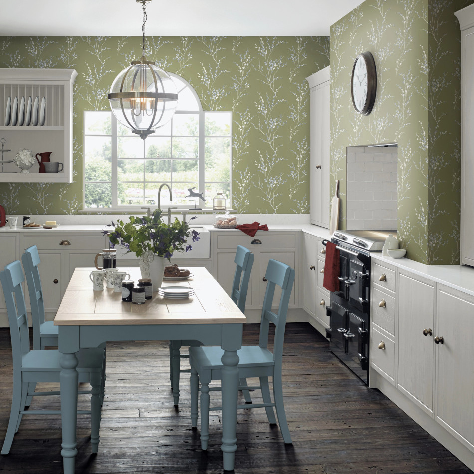 121074 Pussy Willow Moss Green Wallpaper by Laura Ashley