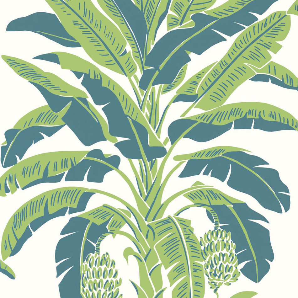 T13918 Banana Tree Palm Grove Green and Blue Wallpaper by Thibaut