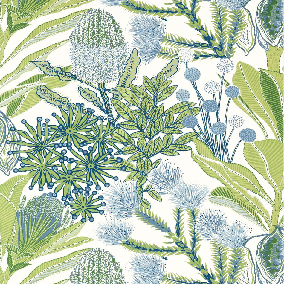 T13923 Protea Palm Grove Green and Blue Wallpaper by Thibaut