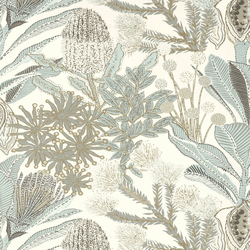 T13924 Protea Palm Grove Neutral and Spa Blue Wallpaper by Thibaut