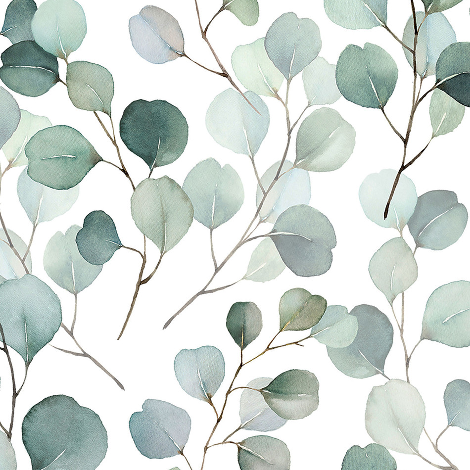 47420 Eucalyptus Flora White and Green Wallpaper By Galerie