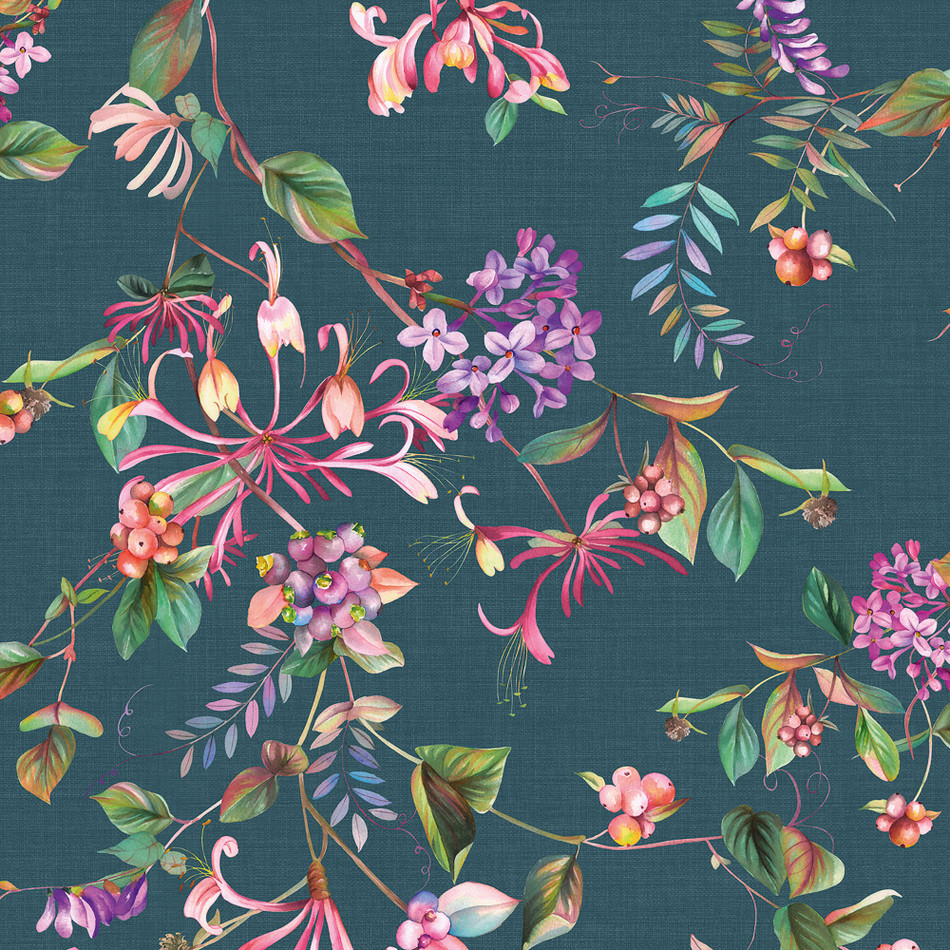 47454 Summer Bouquet Flora Grey, Blue and Green Wallpaper By Galerie