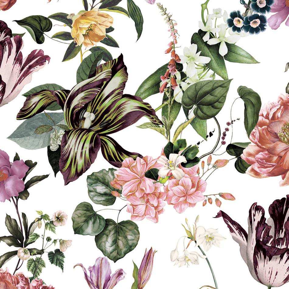 47458 Floral Rhapsody Flora White, Rose and Green Wallpaper By Galerie