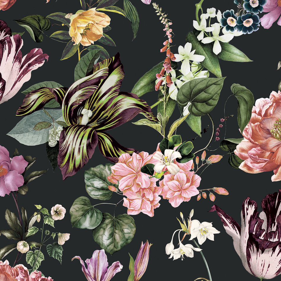 47460 Floral Rhapsody Flora Schwarz, Rose and Green Wallpaper By Galerie