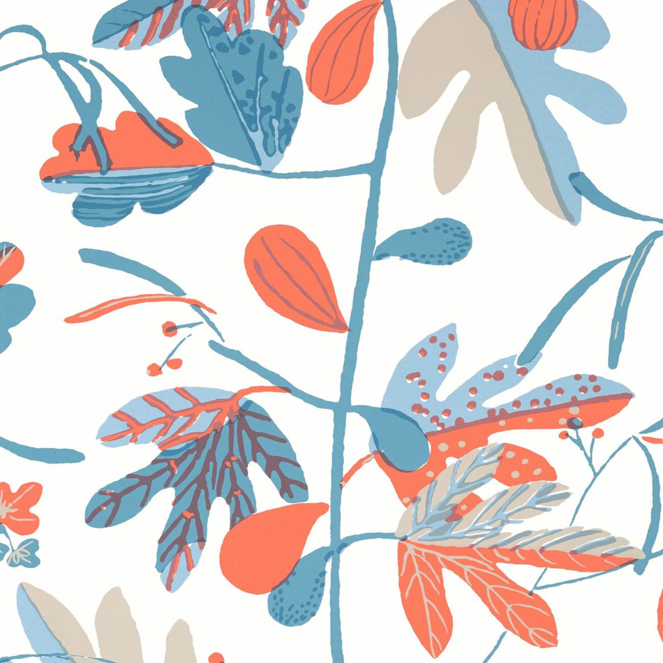 T16207 Matisse Leaf Kismet French Blue and Coral Wallpaper by Thibaut