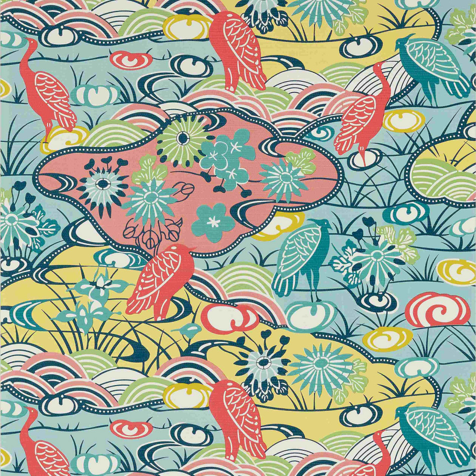 T13331 Heron Stream Pavilion Coral and Aqua Wallpaper by Thibaut