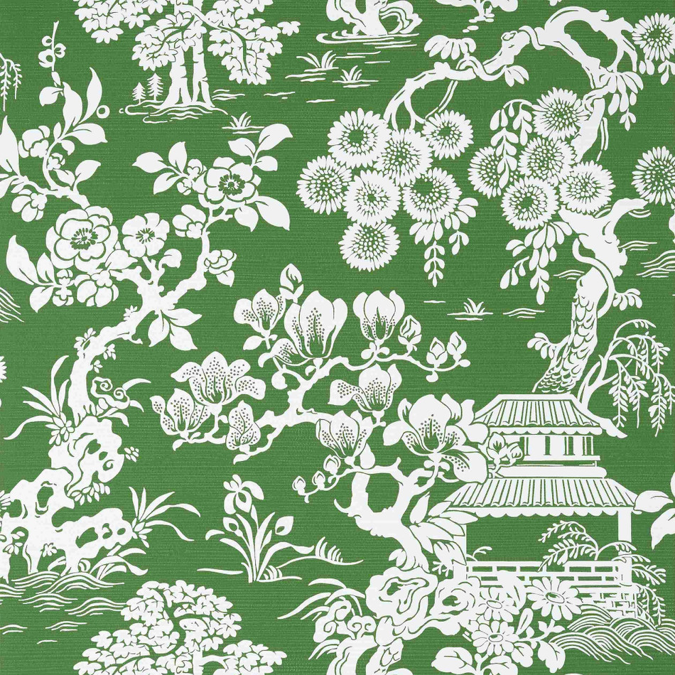 T13304 Japanese Garden Pavilion Emerald Wallpaper by Thibaut