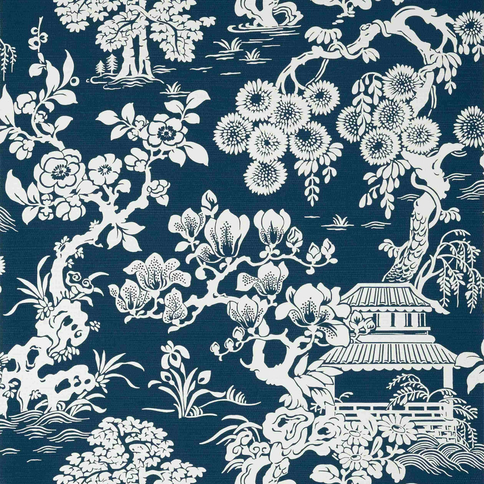 T13307 Japanese Garden Pavilion Navy Wallpaper by Thibaut