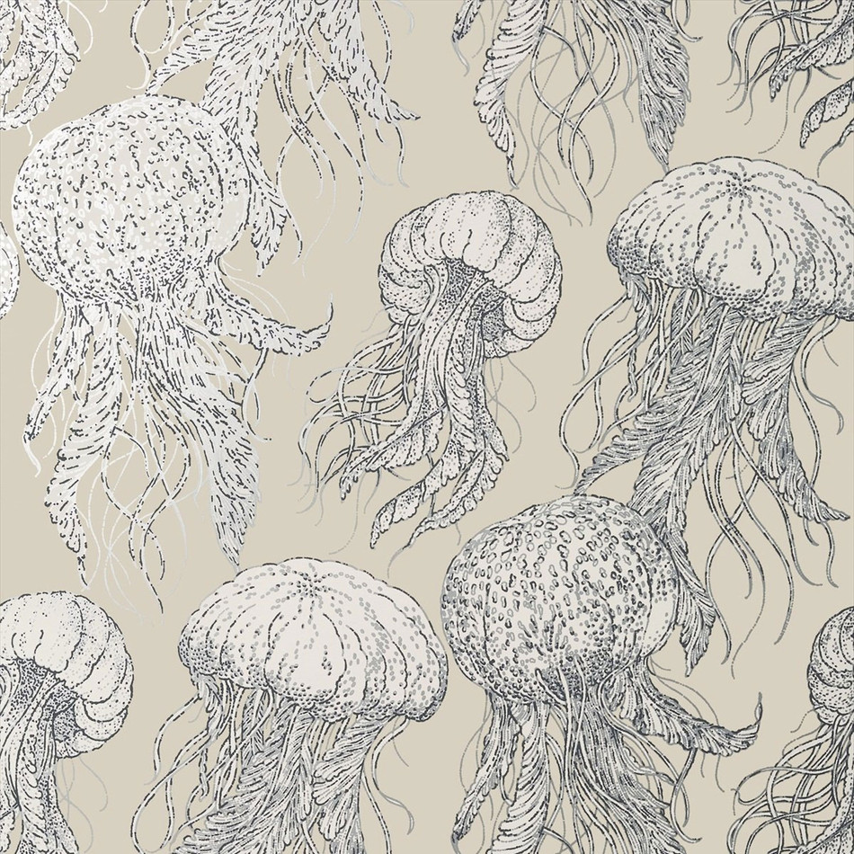 T13169 Jelly Fish Summer House Silver on Beige Wallpaper by Thibaut