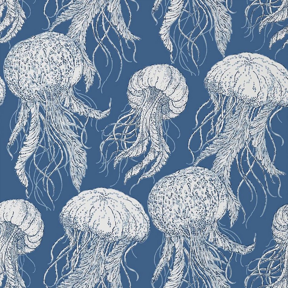T13171 Jelly Fish Summer House Navy Wallpaper by Thibaut