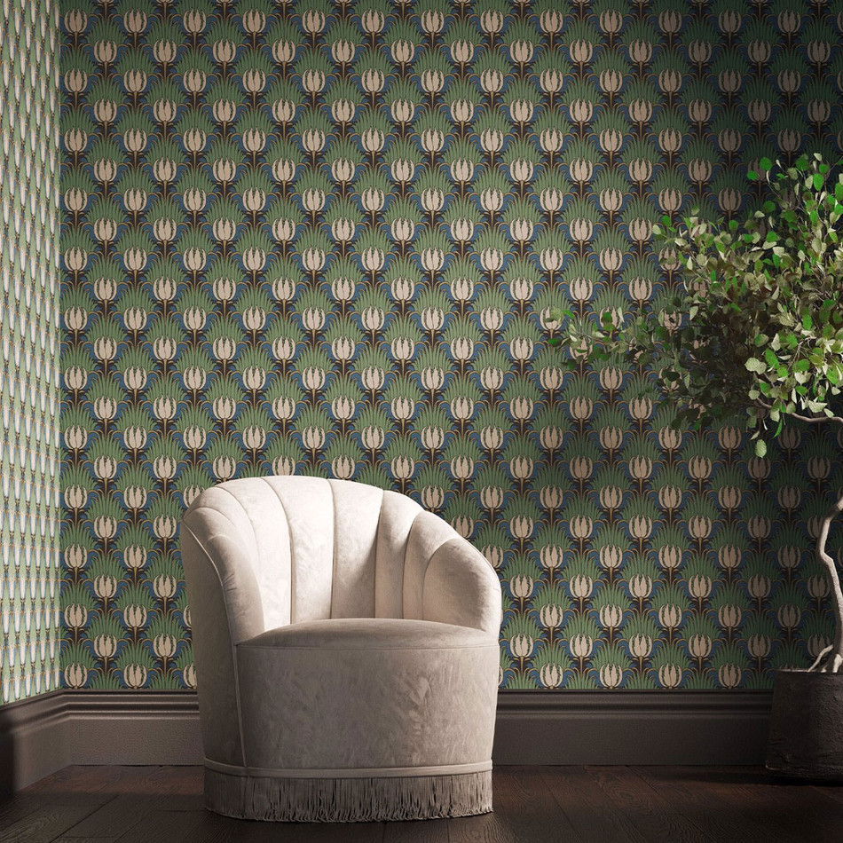 510016 Tulip & Bird Bedford Park Goblin Green & Raven Wallpaper by Morris & Co