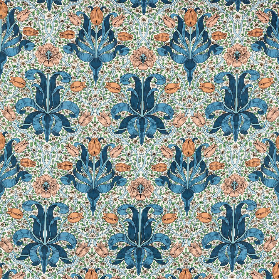 227207 Spring Thicket Bedford Park Paradise Blue/Peach Fabric by Morris & Co