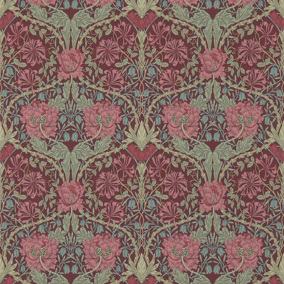 214703 Honeysuckle & Tulip Morris & Friends Burgundy & Sage Wallpaper by Morris & Co