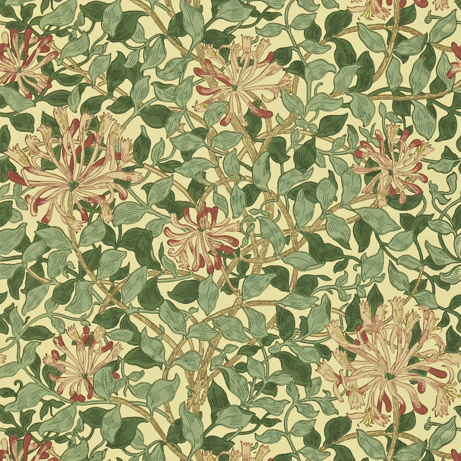 DMC1HS102 Honeysuckle Morris & Friends Green, Coral and Pink Wallpaper by Morris & Co