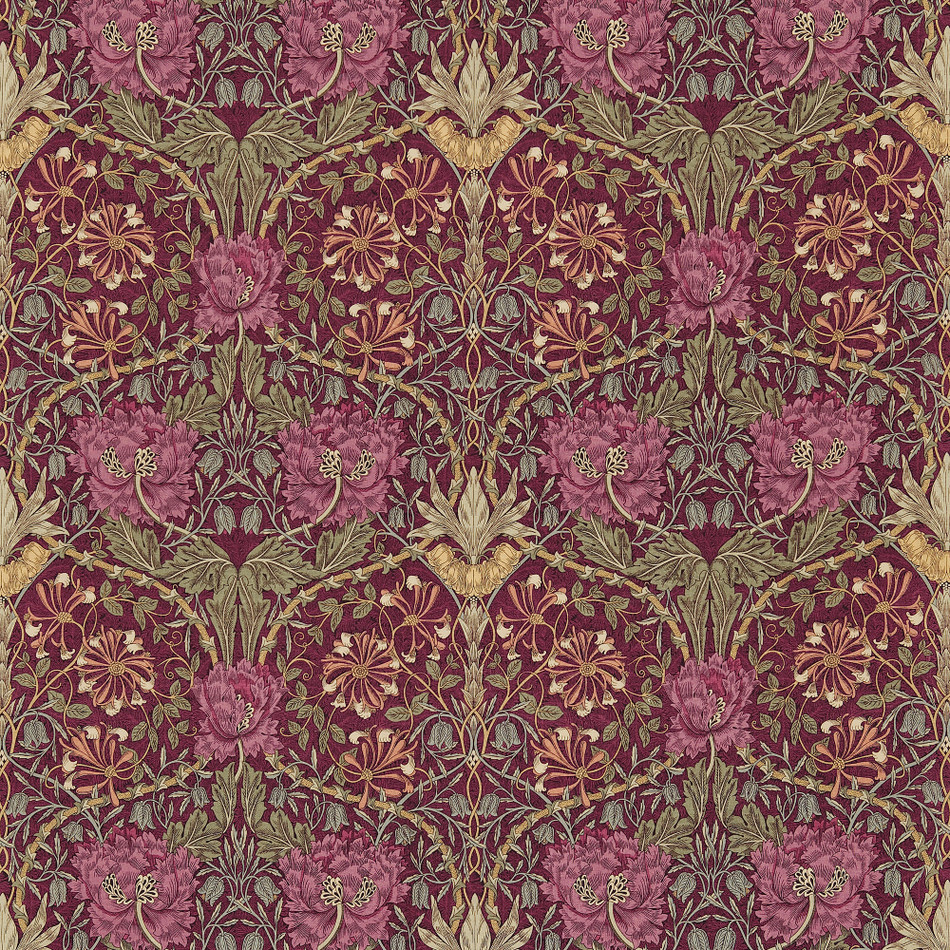 DMORHO204 Honeysuckle & Tulip Morris & Friends Wine and Bayleaf Fabric by Morris & Co