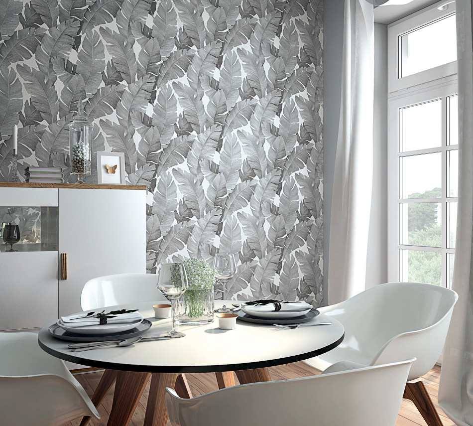 31624 Banana Leaf Grey Wallpaper Industrial Effects By Galerie
