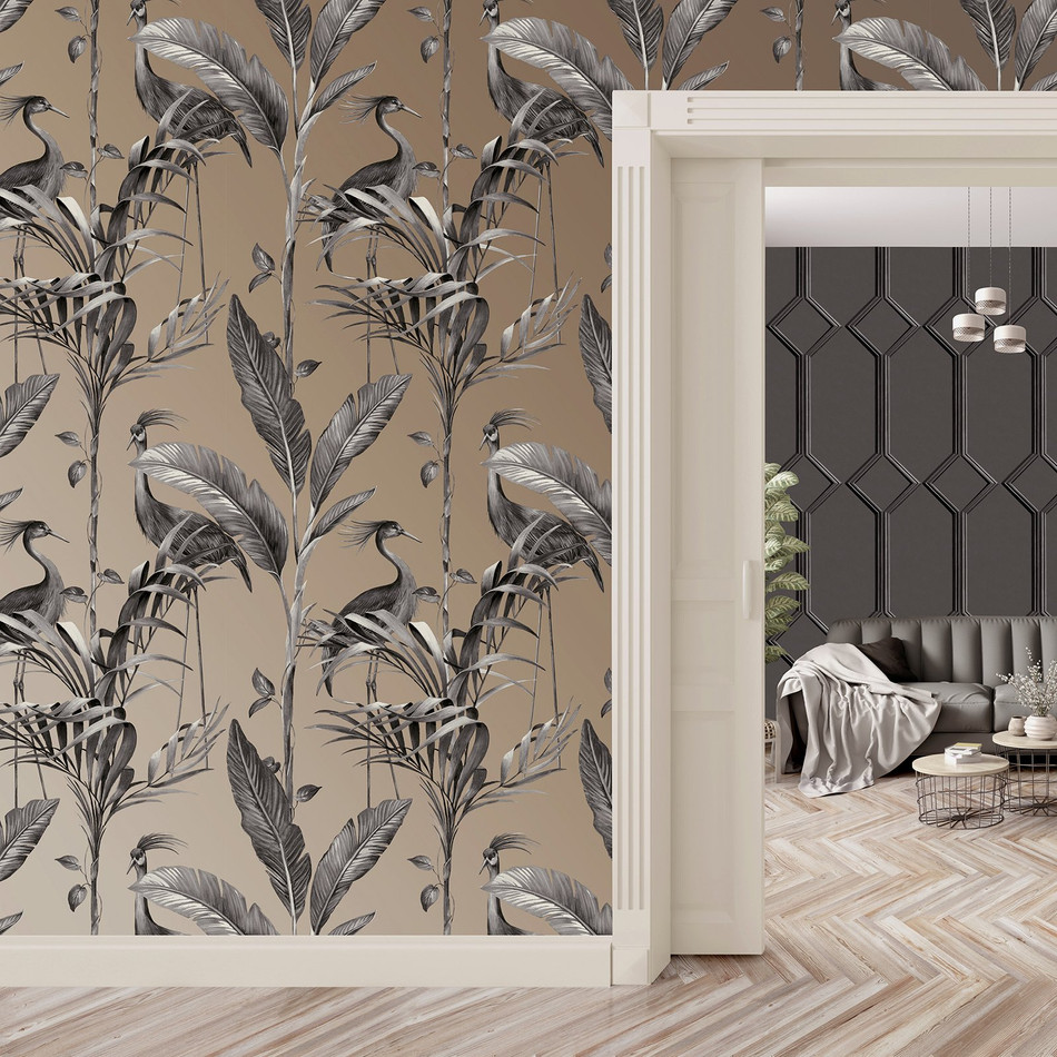 9505 Azzurra Leaf Charcoal Gold Wallpaper by Belgravia