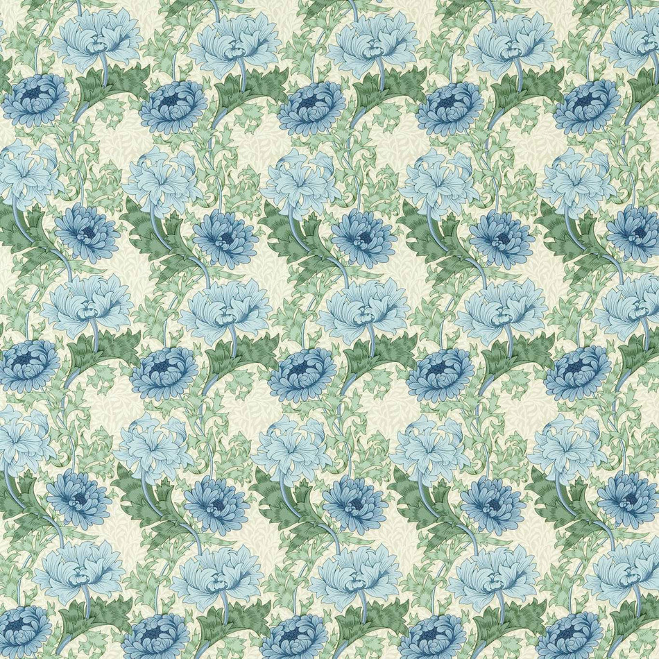 227099 Chrysanthemum Outdoor-Performance Indigo/Bayleaf Fabric by Morris & Co