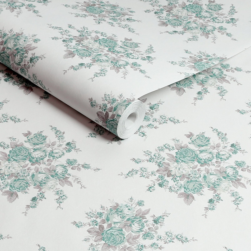 125134 Rose Blossom Teal Wallpaper by Rachel Ashwell