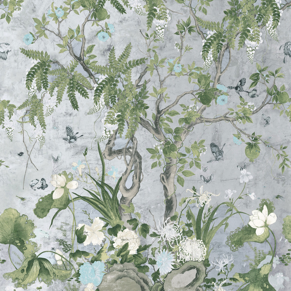 T42053 Wild Wisteria Mural Sojourn Metallic Silver Wallpaper by Thibaut