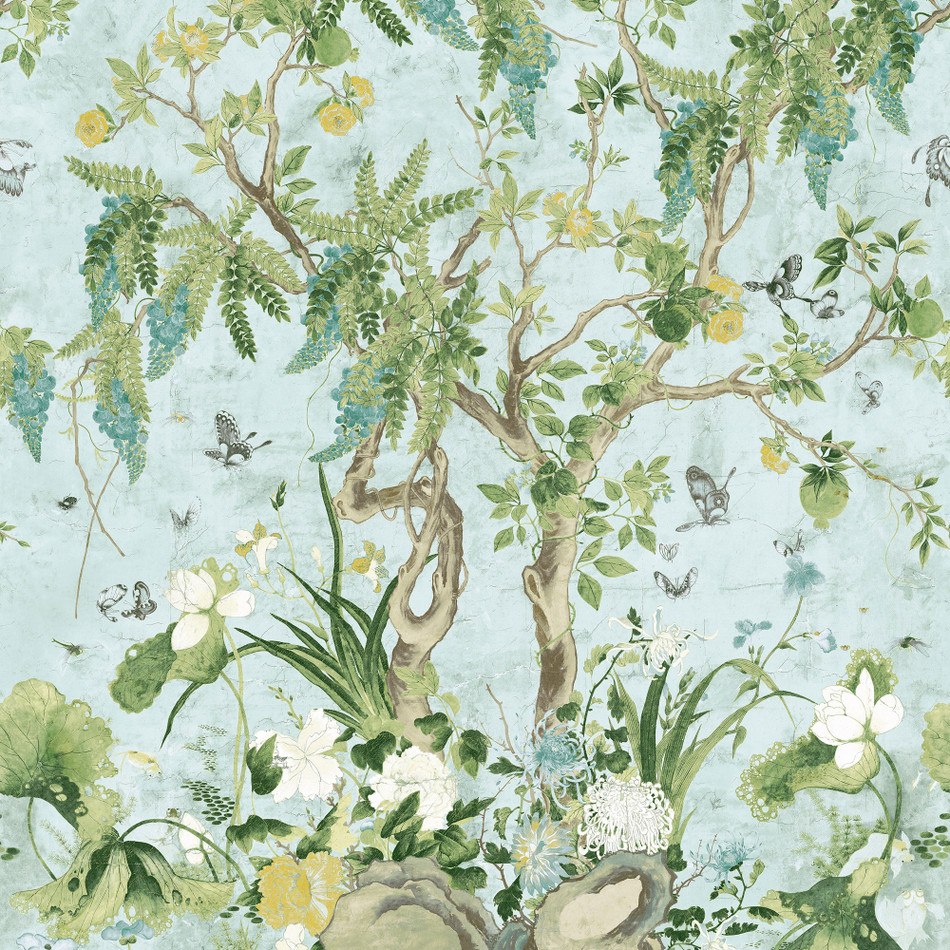 T42054 Wild Wisteria Mural Sojourn Spa Blue Wallpaper by Thibaut